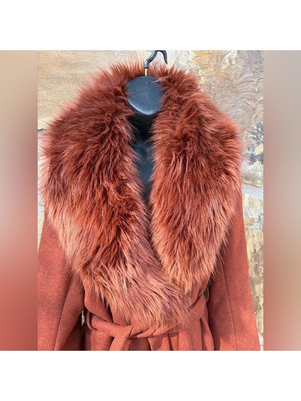 Zara Manteco Wool Penny Lane Faux Fur Collar Trench Wrap Coat Size 16 Rust - Picture 4 of 12